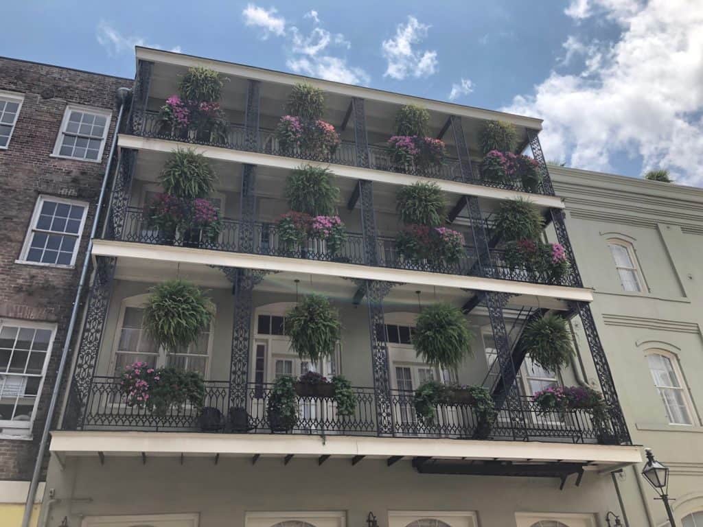 colorful-historic-buildings-new-orleans-lousiana-decatur-street-french-quarter-flowers-ferns-greenery-free-things-to-do-new-orleans