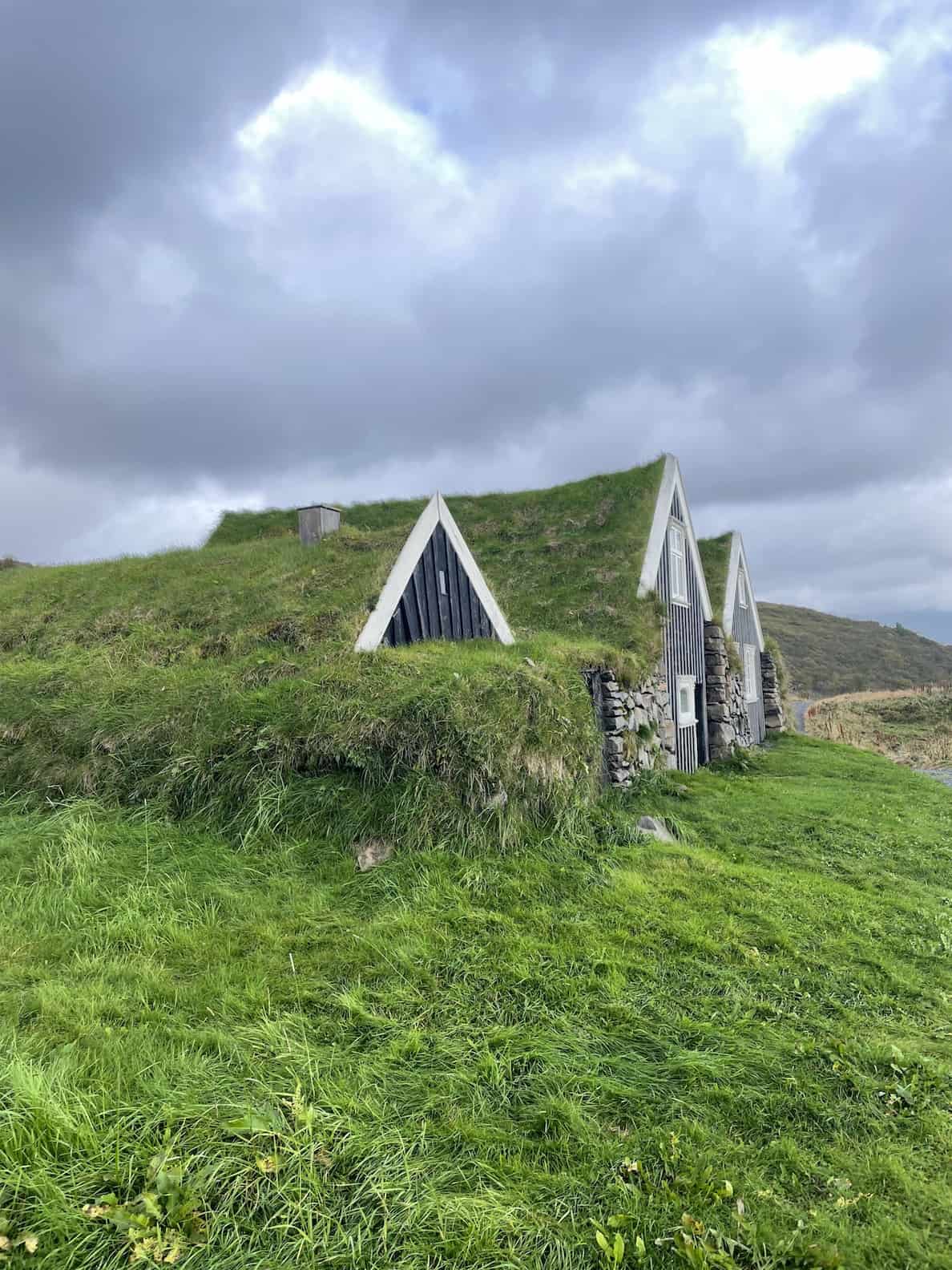 vibrant-green-grass-growing-around-and-onto-turf-homes-with-dark-wood-panels-and-stone-stormy-clouds-in-background-Skaftafell-national-park-iceland