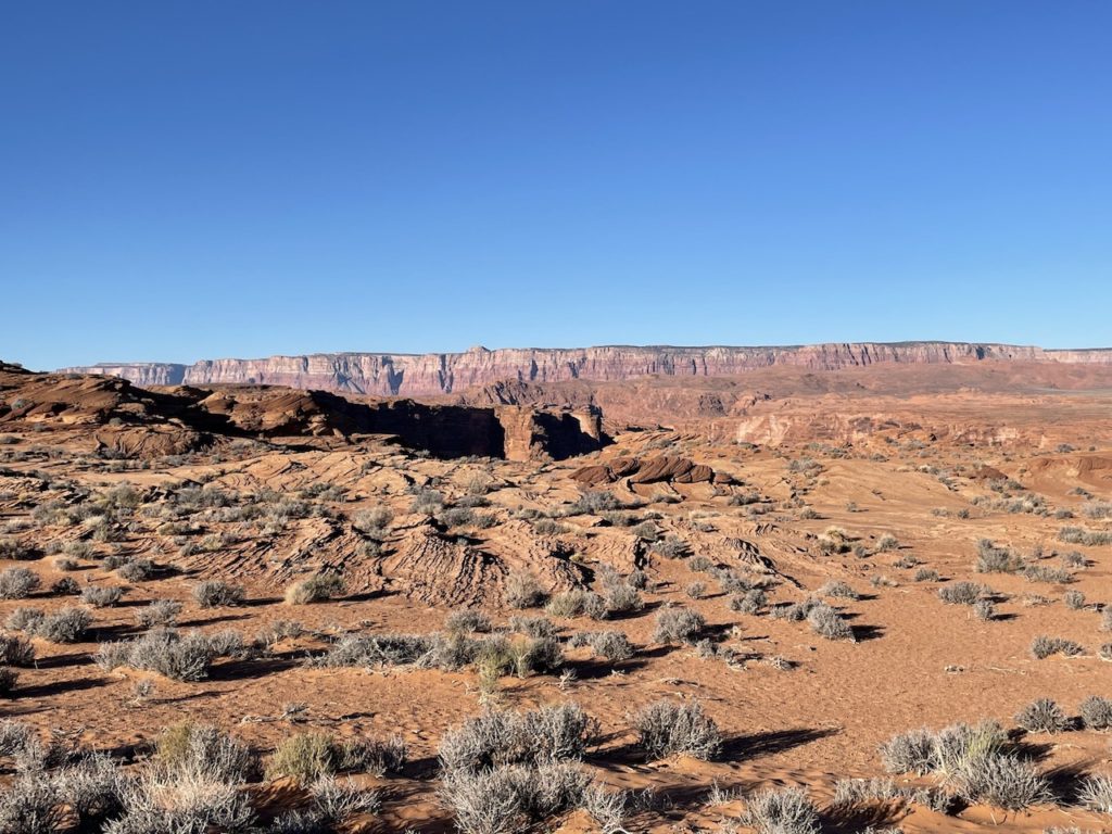 Desert landscape with red sand, and red cliffs in distance on sunny morning