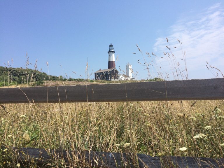 Lighthouse with red and white stripes in distance with wooden fence and tall grass in foreground on sunny summer day. Montauk Point Lighthouse, Montauk Point State Park, Montauk, New York, The Hamptons.