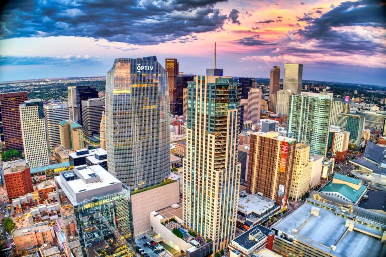 Birds eye view of downtown Denver skyline during sunset in Denver, Colorado