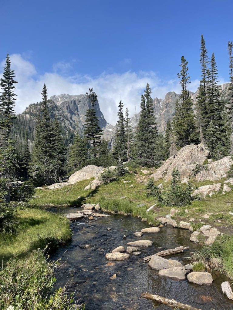 Stream flowing through green meadow with pine trees and dramatic mountain peaks in distance on sunny summer day. Dream and Emerald Lakes hike, Rocky Mountain National Park, Estes Park, Colorado.