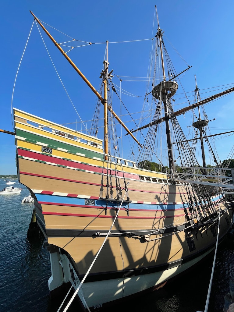 Colorful, two masted wooden boat, Mayflower II replica. Plymouth, Massachusetts.
