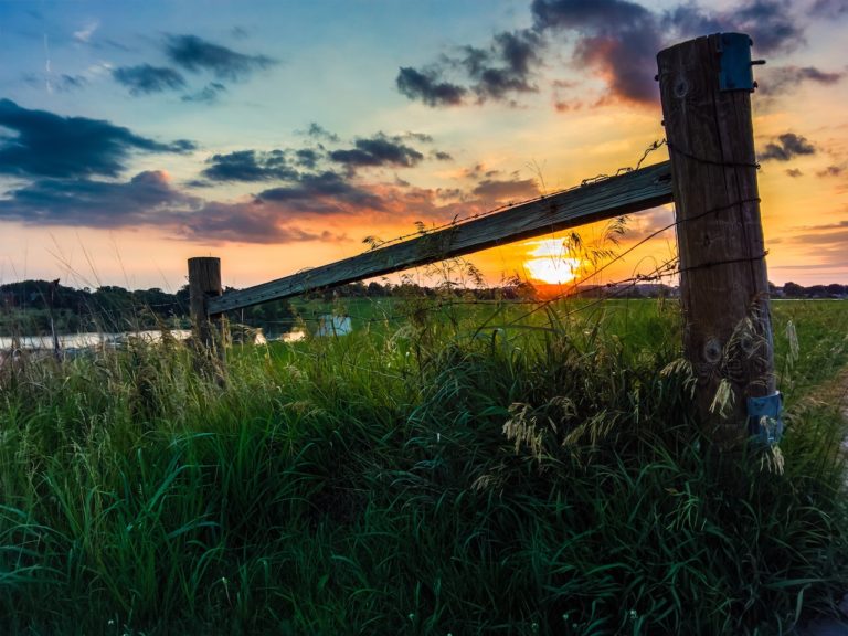 Summer sunset over a grassy field with lake and wooden fence in distance. Chalco Hills Recreation Area, Omaha, Nebraska.