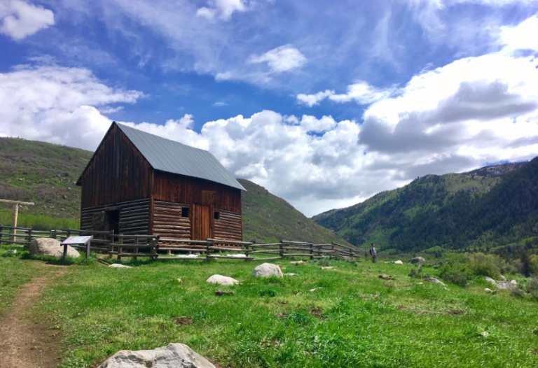 Wooden cabin in mountains with grassy field in foreground on sunny summer day. Mad Creek Trail, Routt National Forest, Steamboat Springs, Colorado.