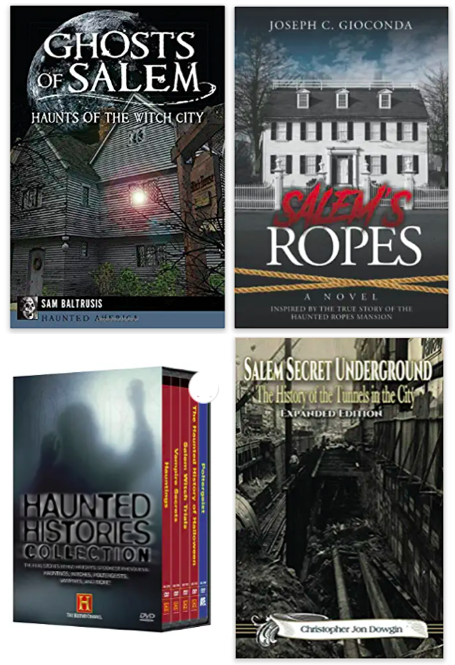 Books telling the history and hauntings of Salem, Massachusetts