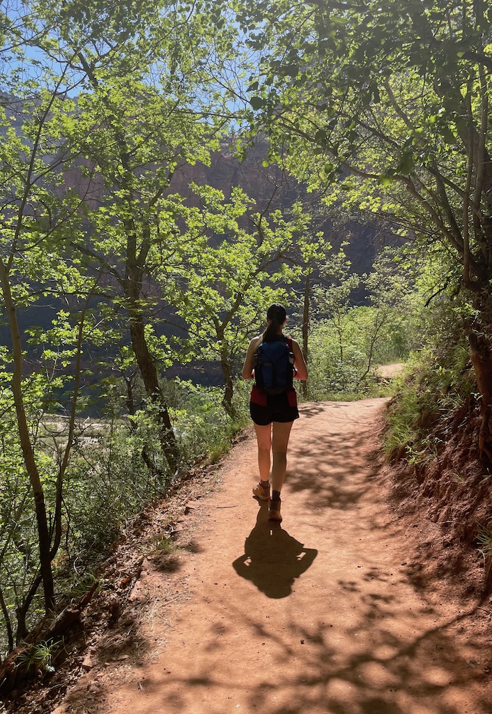 Woman hiking red dirt trail with green trees rising up on either side of her on hot summer day in desert. Emerald Pools hiking trail, Zion National Park, Utah.
