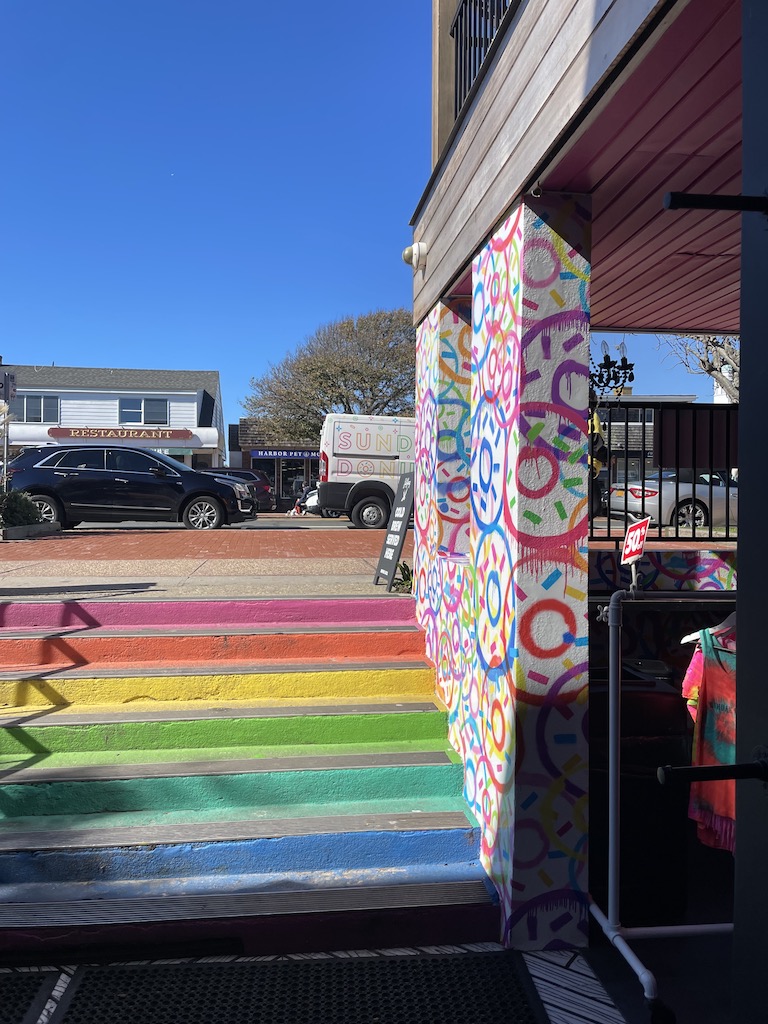 colorful buildings shopping downtown montauk new york the hamptons rainbow steps doughnuts