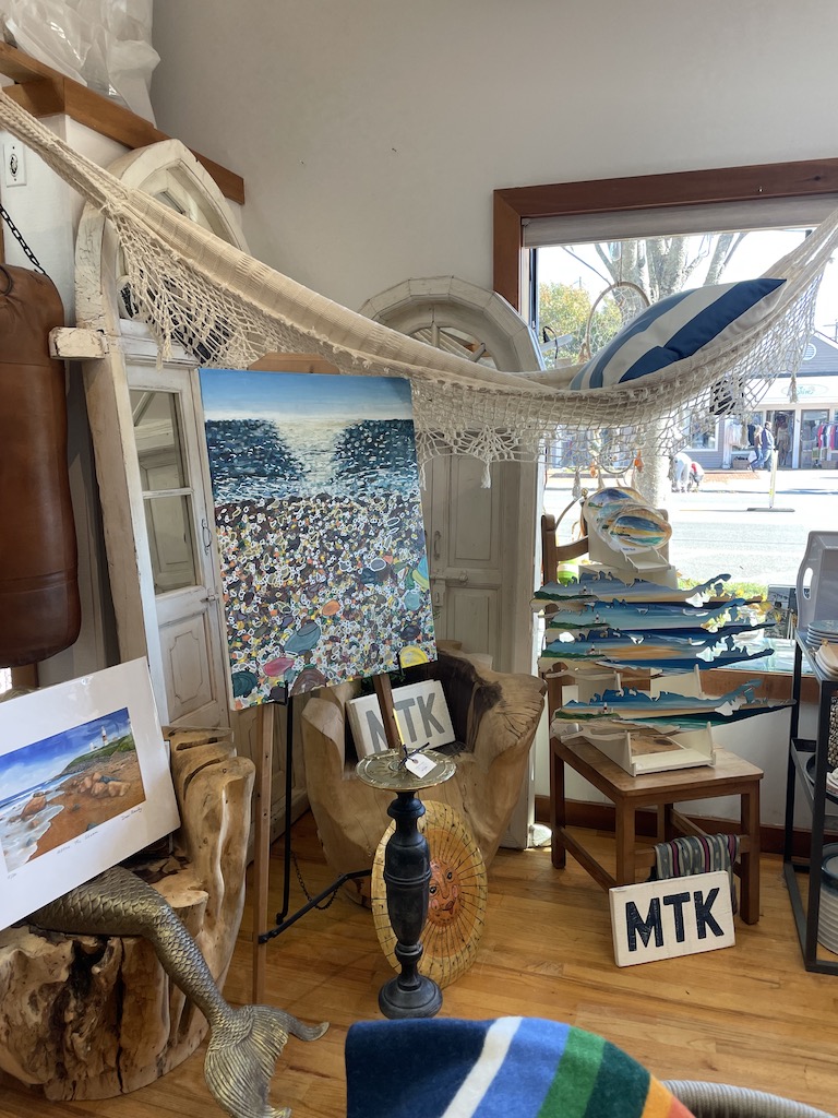 Shop with artwork, home decor, and hammock. Homeport Store, Montauk, New York, The Hamptons.
