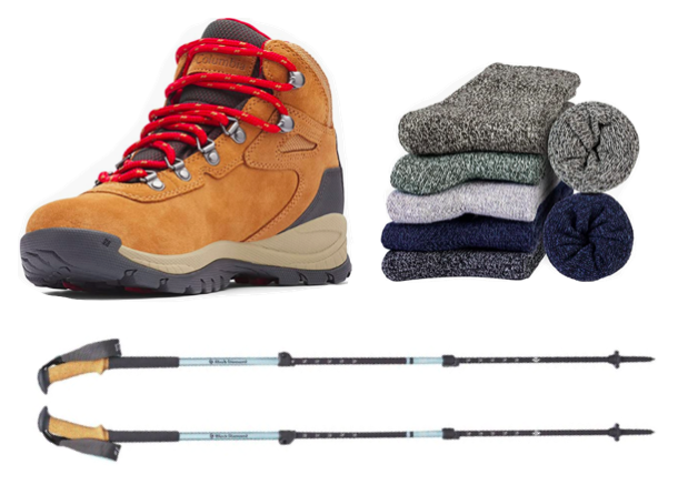 Hiking boots, wool socks, hiking pools. Hiking essentials and gifts for national park lovers.