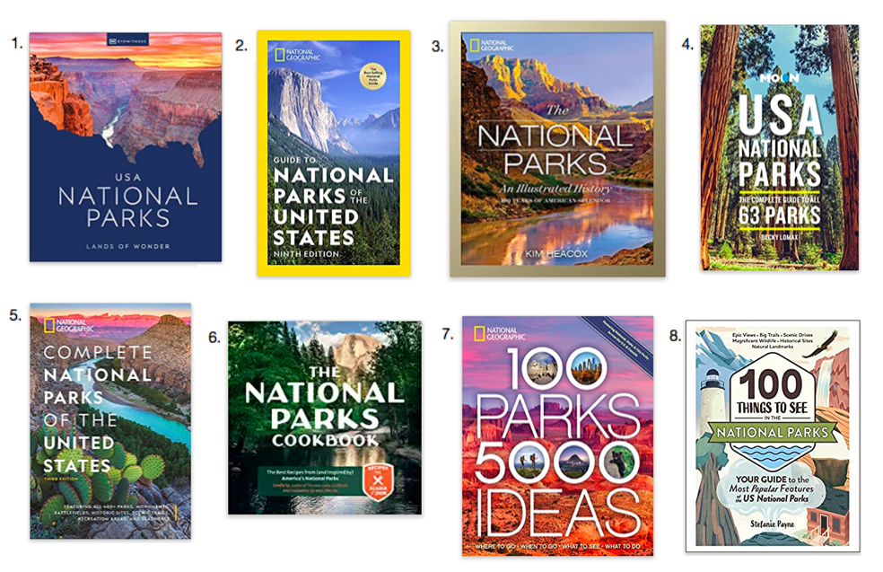 Photo of 8 different national park books ranging from coffee table books to national park guide books. National park gifts.