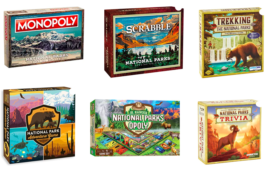 Photos of various national park games including Monopoly, Scrabble, Trekking, Adventure Game, Jr. Rangers Monopoly, and National Park trivia. National park gifts.