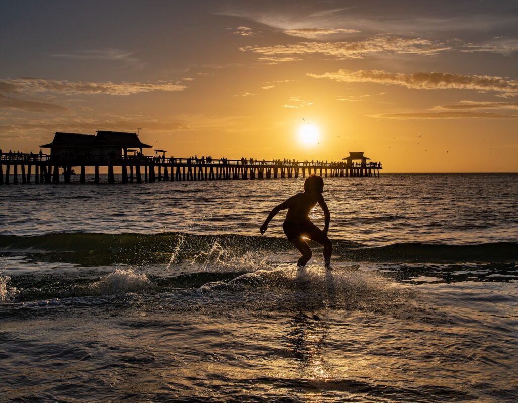 sunset surfer naples florida beach gulf of mexico