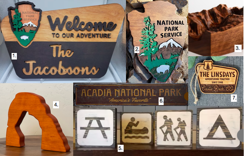 Various wooden national park souvenirs handmade from Etsy. Creative national park gifts.