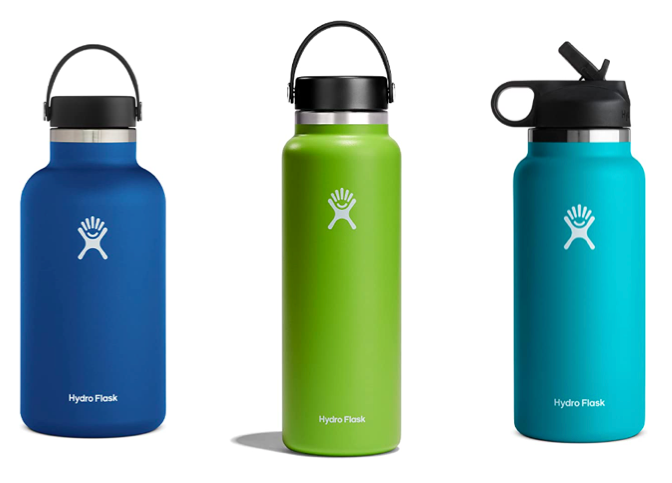 Three colorful Hydroflask water bottles. National park gifts.
