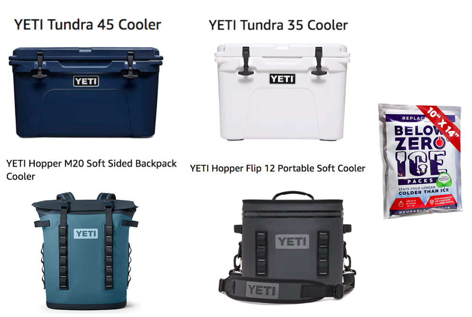 Four different Yeti Coolers plus reusable ice packs. Cool national park gifts.