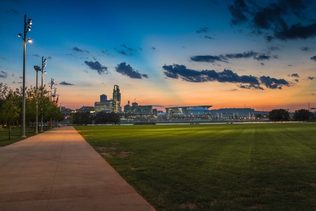 heartland of america park at the riverfront omaha nebraska skyline sunset