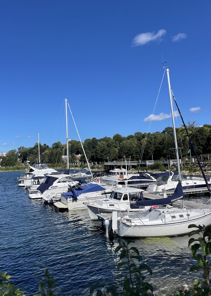 Sailboats and catamarans in calm harbor of lake with trees in background on sunny summer day. Lake Champlain, Burlington, Vermont, New England.