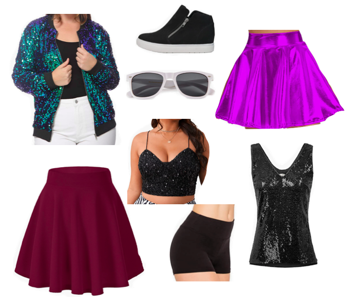 Photo compilation: Costume replicating Taylor Swift's 1989 concert tour outfit. Sequin jacket, white sunglasses, sequin tank top, metallic skater skirt. Taylor Swift 1989 costumes.