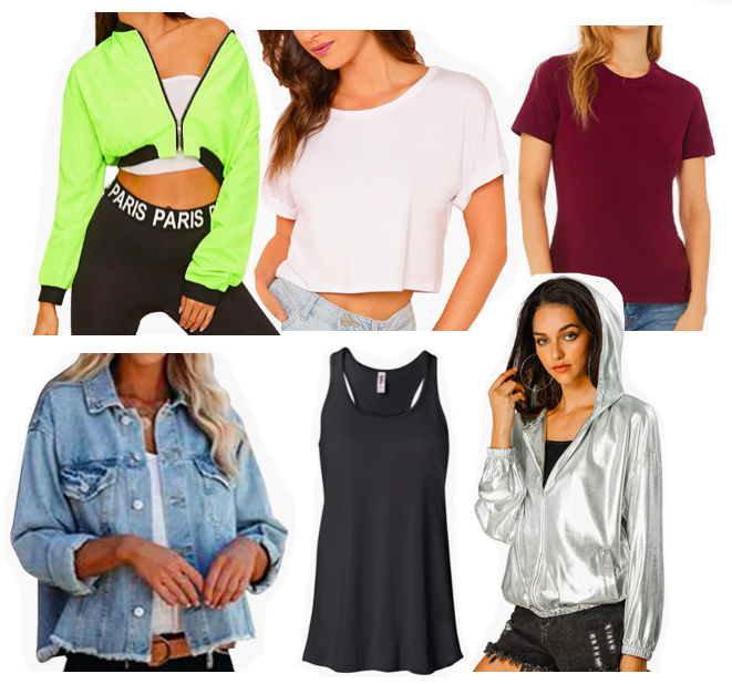 Photo compilation: outfits for Taylor Swift eras tour outfits. Jackets, tank tops, t-shirts.