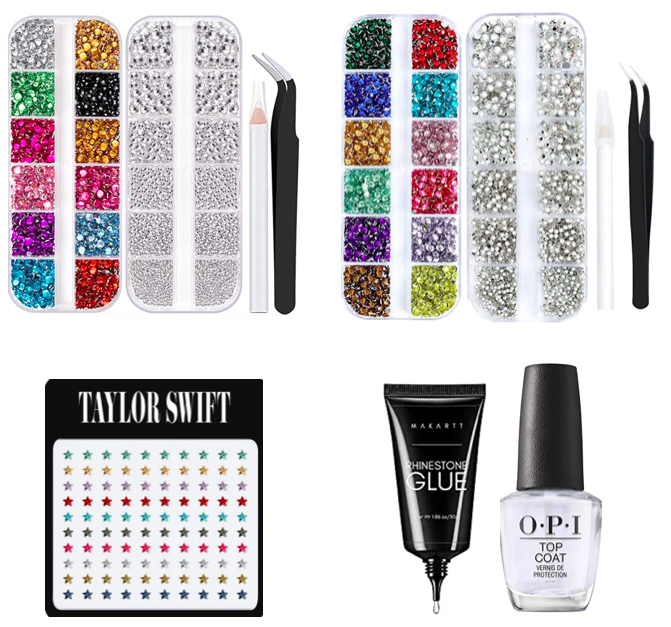 Photo Compilation: Nail art supplies for Taylor Swift eras tour nails, colorful rhinestones.