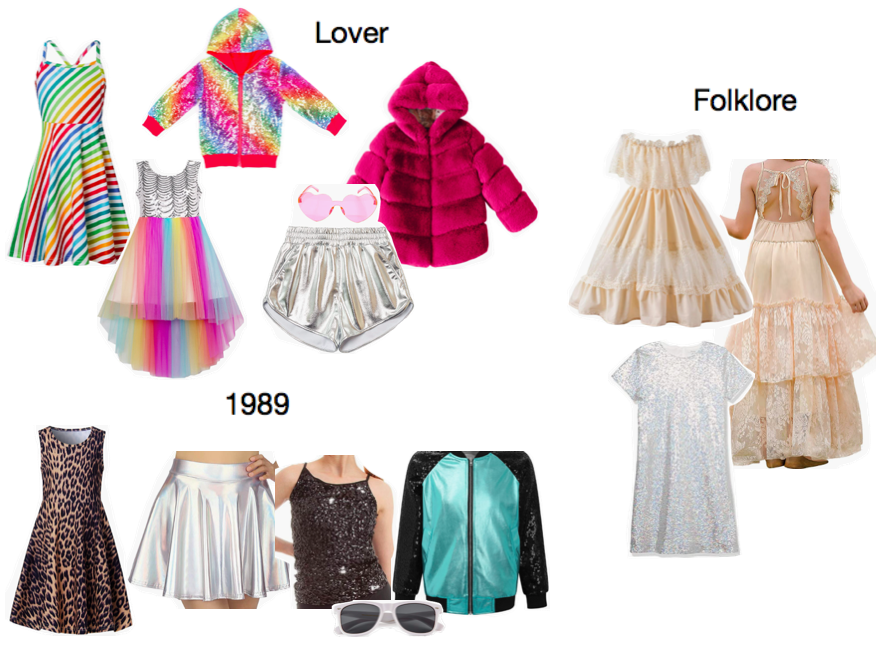 Photo compilation: Kids Taylor Swift Costumes of Lover era for kids, Folklore for kids, and 1989 era for kids.