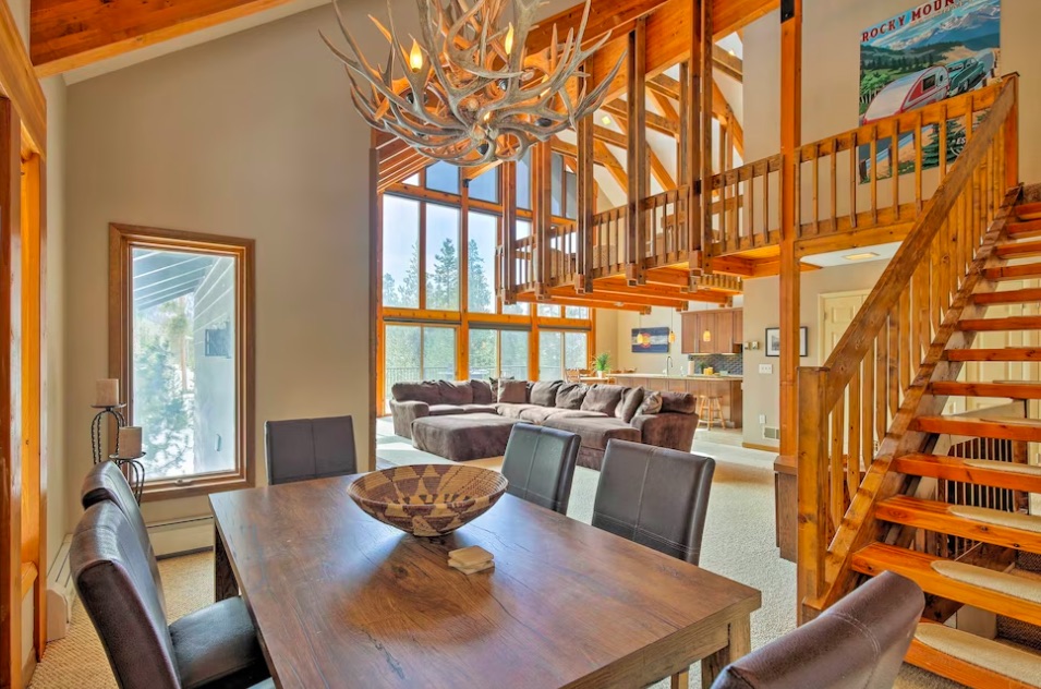 luxury mountain vacation home dining and living room Grand Lake Colorado