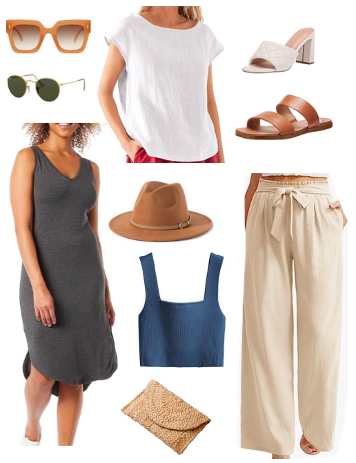 Photo compilation: casual women's outfits for summer in the Hamptons. Linen pants and top, summer dress, heels, sunglasses.