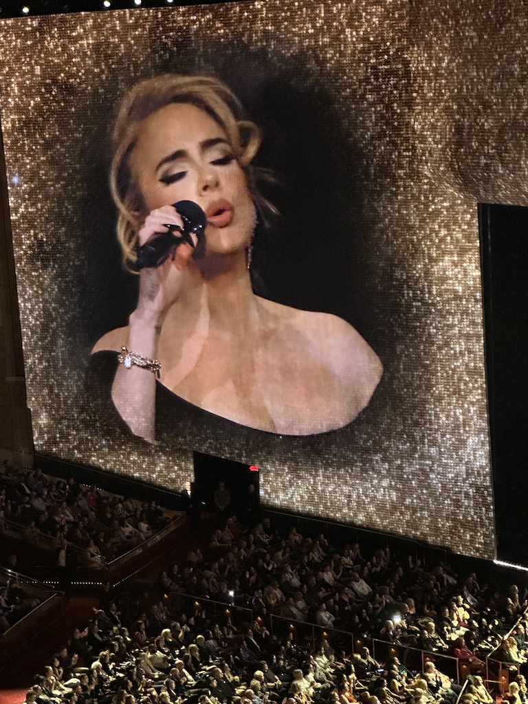 Famous musician, Adele, singning in microphone on jumbotron in front of sold out audience. The Colosseum at Caesars Palace, live music event, Caesars Palace Las Vegas Hotel and Casino.