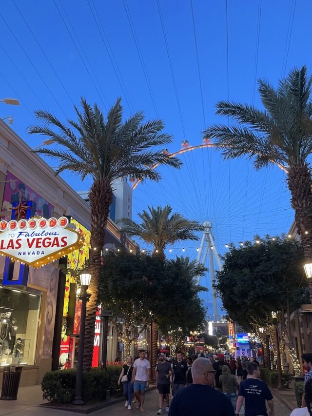 Huge observation wheel / ferris wheel at night surrounded by colorfully lit buildings, palm trees, ziplining, "welcome to Las Vegas" sign, and crowds of people. The High Roller ferris wheel at the LINQ, The LINQ, Las Vegas strip at night, Nevada.