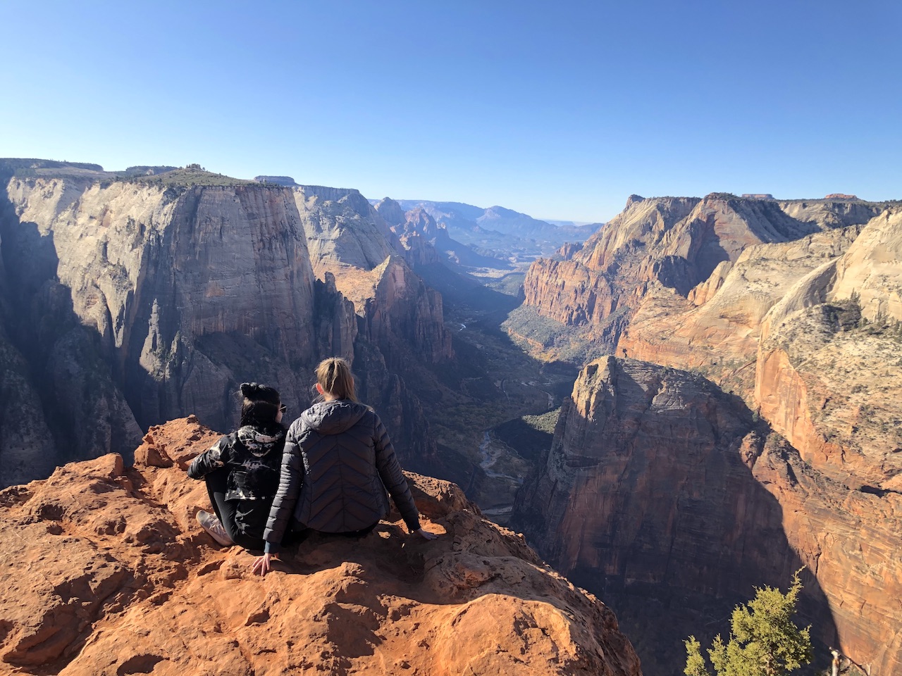 Two women sitting on rocky cliff edge overlooking dramatic views of Zion Canyon, filled with red rocks and lush greenery on cloudless fall day. Observation Point Trail, Zion National Park, Utah.