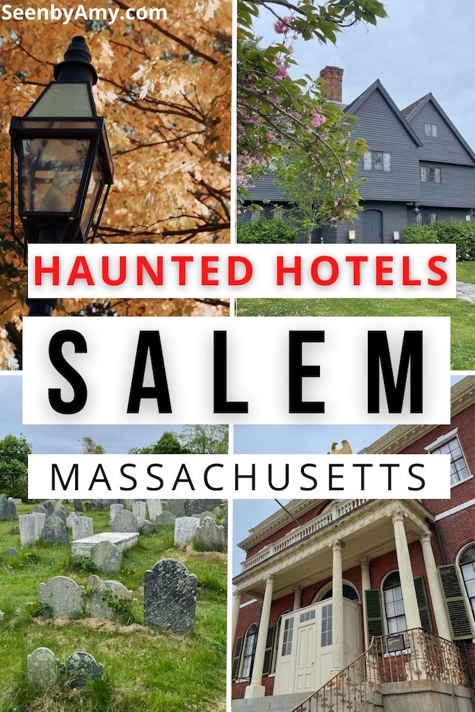 Pinterest Graphic: Photos of historic buildings in Salem Massachusetts during fall with text reading "haunted hotels in Salem Massachusetts"