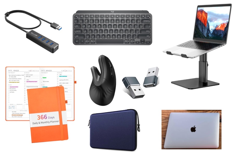 Photo Compilation: office supplies including laptop stand, keyboard, mouse, MacBook Pro laptop, planner