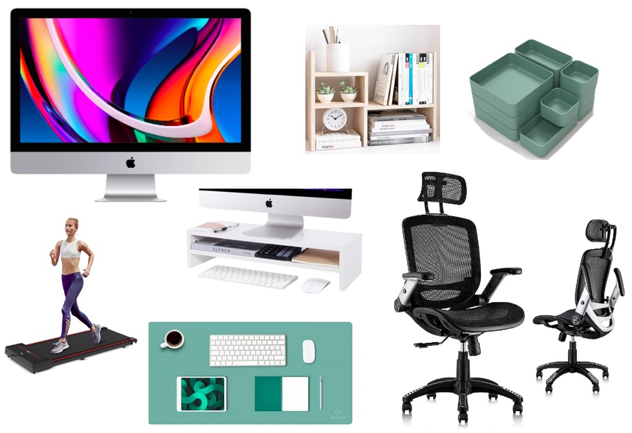 Photo Compilation: office gear including large Mac Display, shelves, offices chair, walking pad, green desk pad, green storage bins.