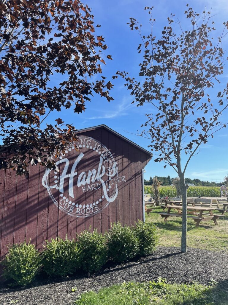 Large, red barn with painted sign reading "Hank's Hard Cider", barn is surrounded by two tress losing their leaves, picnic benches and farm in near distance on sunny, cold day. Hank's Farmstand, Water Mill, New York, The Hamptons.