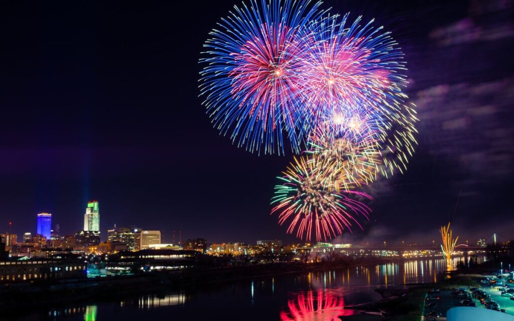 omaha nebraska skyline missouri river fireworks new years eve nye