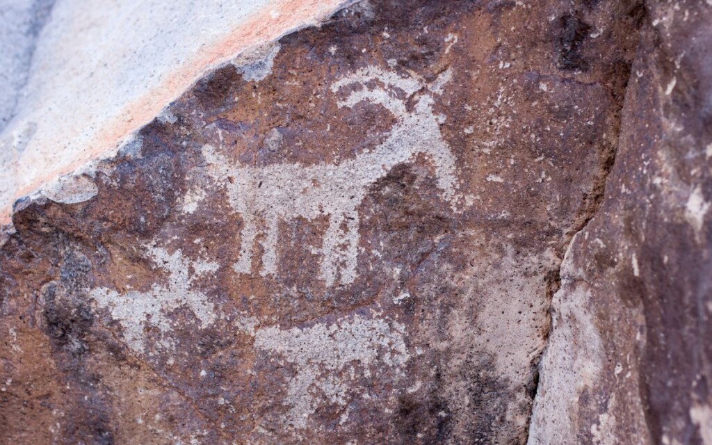 Animal shaped carved into red rock surface. Sloan Canyon National Conservation, Sloan Petroglyph Site, near Las Vegas, Nevada.