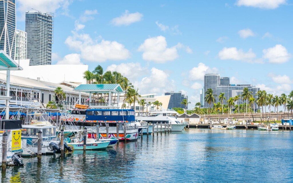 Marina with small colorful boats, in background are palm trees and skyscraper buildings on sunny day. Bayside Market, Bayside Marina, Downtown Miami, Florida.
