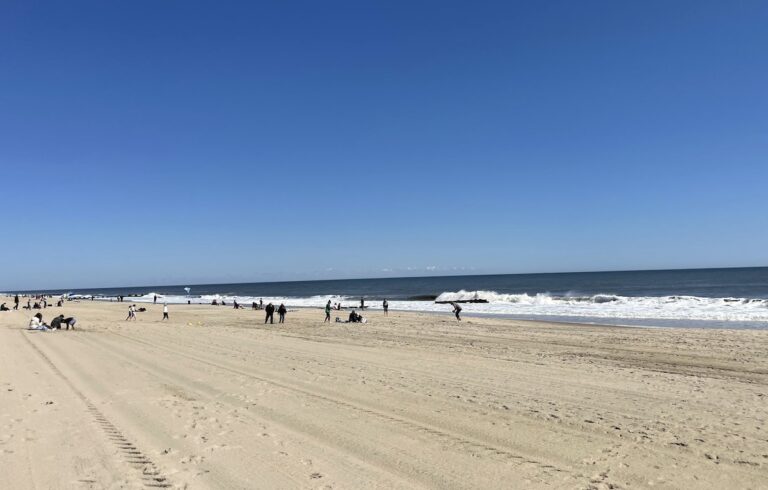 Silhouette of beach-goers on golden sand beach next to waves of Atlantic Ocean on cloud-less summer day. Rehoboth Beach, Rehoboth Beach, Delaware.