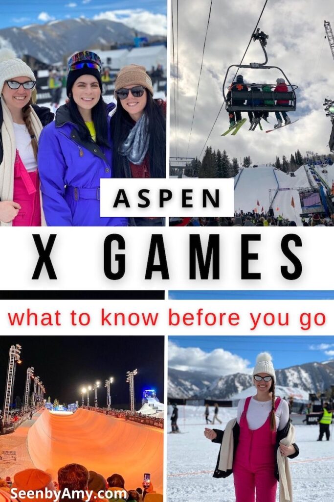Pinterest Graphic: photos from the Aspen winter X Games with text overlay reading "Aspen X Games What TO Know Before You Go".