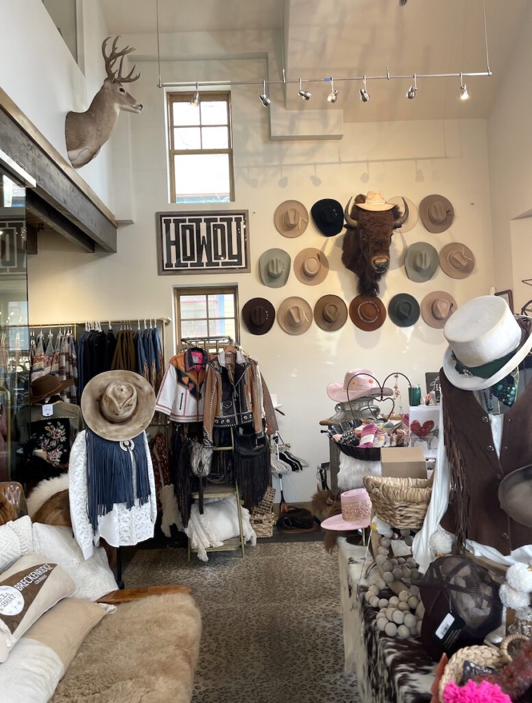 Interior of women's boutique store with clothing and hat displays, animal busts on wall, and sign reading "Howdy". Lace & Lariat boutique store, Breckenridge Historic District, Main Street, Breckenridge, Colorado.