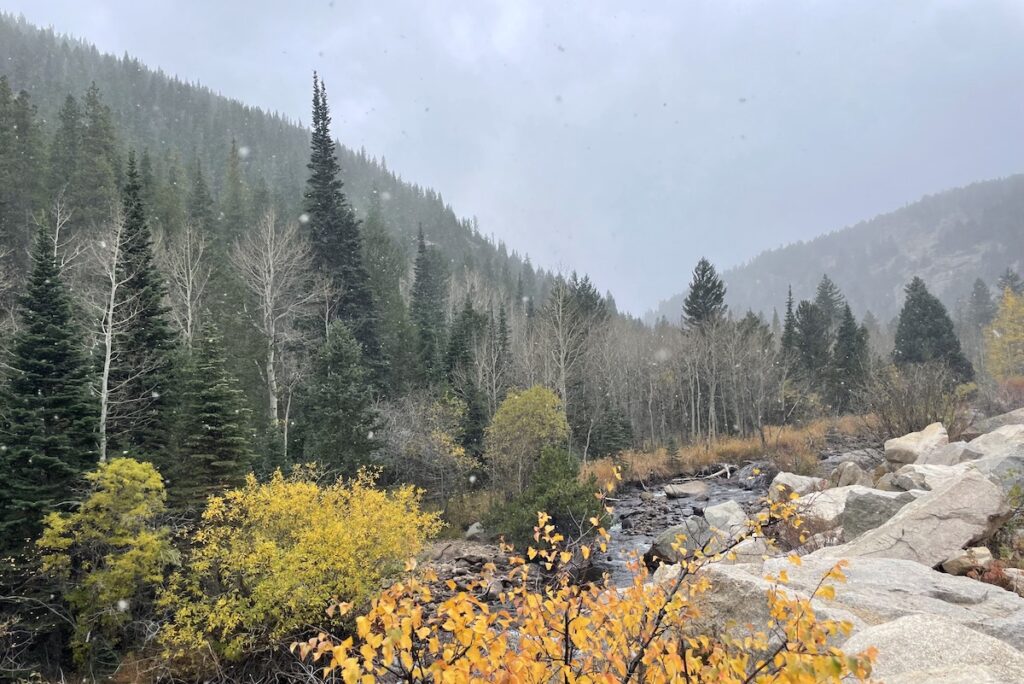 Mountain landscape with pine trees, rocky river, fall colors, and light snow. Peak To Peak Scenic Byway, Colorado, near Lyons and Estes Park.