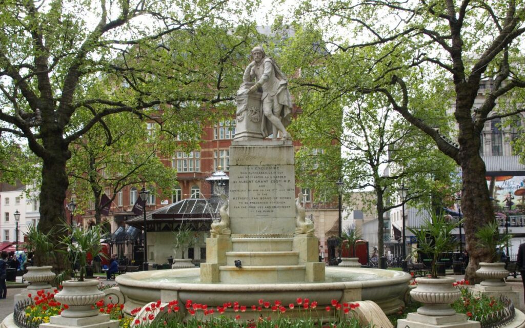 Statue of William Shakespeare in Leicester Square London England UK