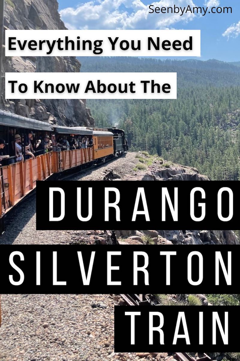 Pinterest Graphic: Photo of the Durango & Silverton Narrow Gauge Railroad in the mountains of Colorado with text overlay reading "Everything You Need To Know About The Durango Silverton Train."