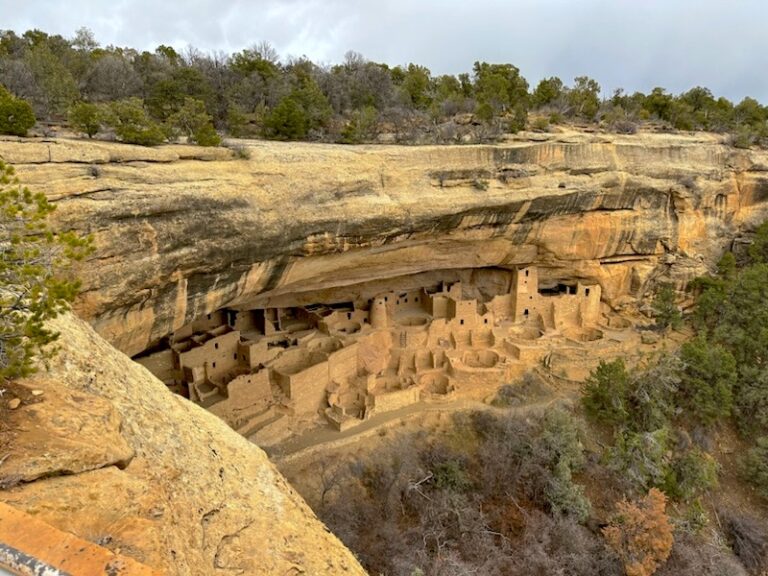 Ancient cliff dwellings built into side of sandstone cliff. Cliff Palace, Mesa Verde National Park, near Durango, Colorado.