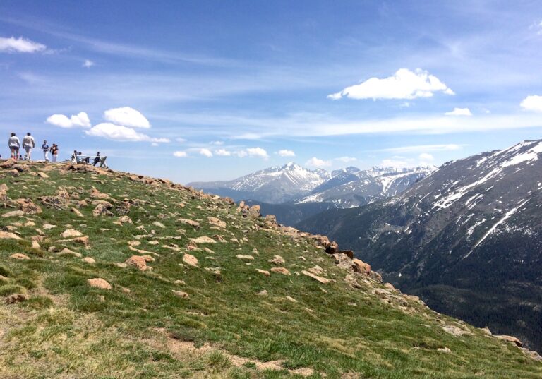 Grassy tundra with people at viewpoint overlook, looking out at huge snow-capped mountains on sunny summer day. Trail Ridge Road, Rocky Mountain National Park, Colorado.