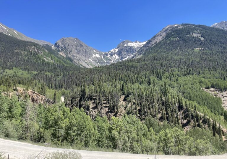 Dirt road in front of view of rocky mountains with snow at peak and lush green trees at base. Silverton, Colorado.