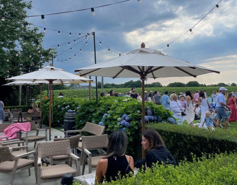 Umbrellas and string lights over outdoor patio, large group of people sitting on lawn listening to live music in distance with vineyards in background. The Wine Stand at Wolffer Estate Vineyard, Sagaponack, New York, The Hamptons.