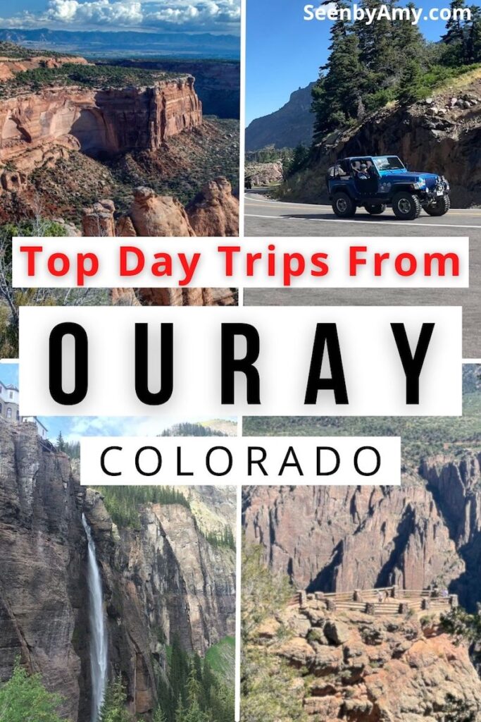 Pinterest Graphic: Photos of mountain towns near Ouray, Colorado with text overlay reading "Top Day Trips From Ouray, Colorado"