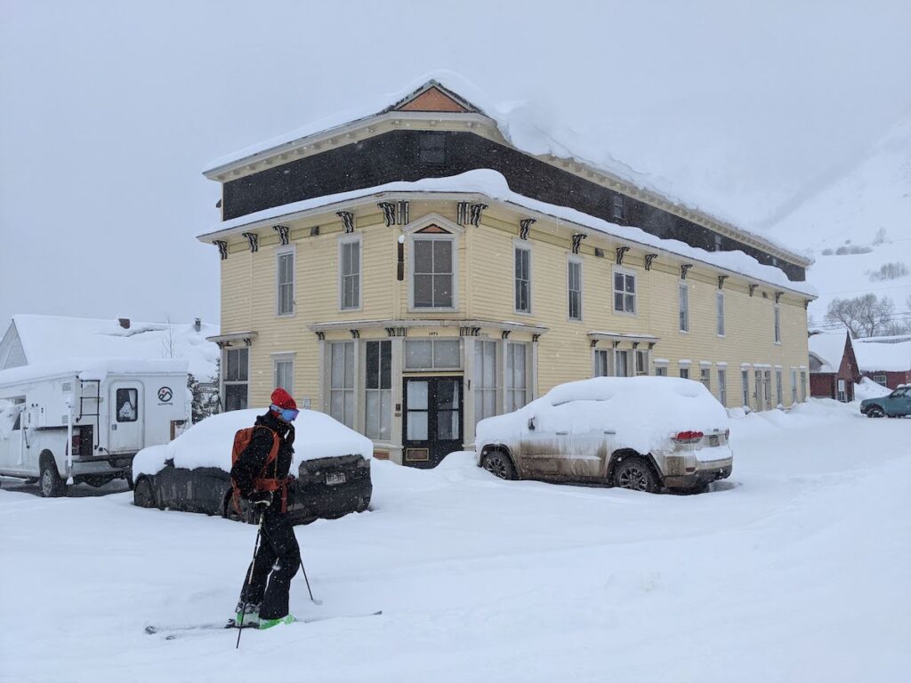 the silverton lodge hotel exterior winter skiier silverton colorado